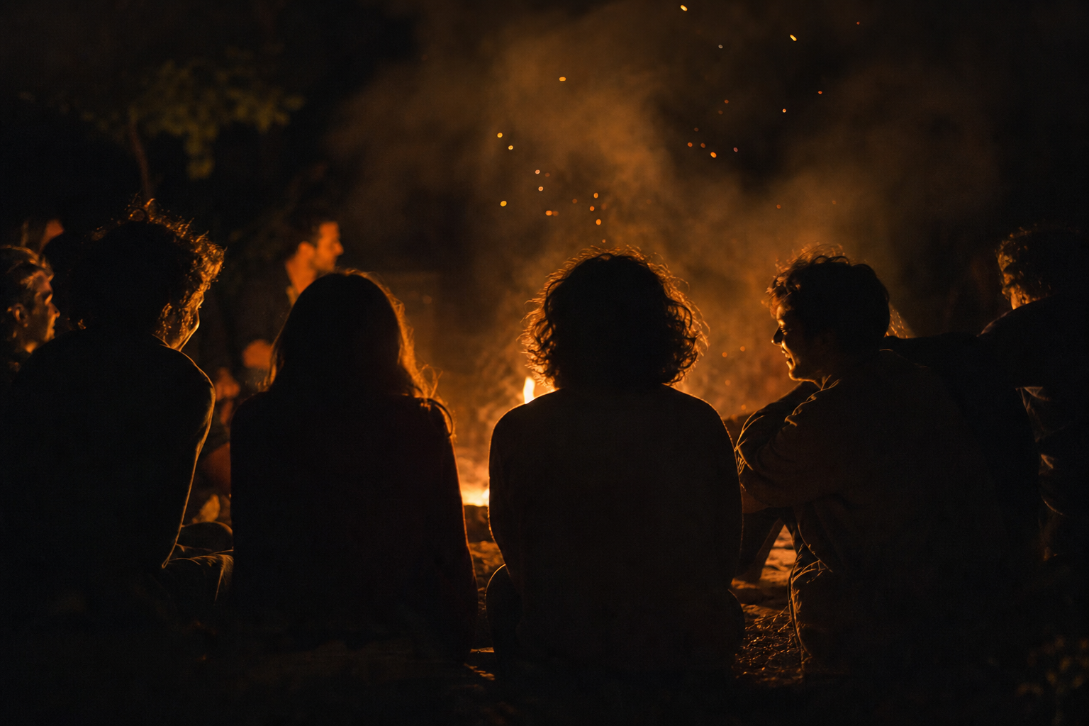 Friends around a bonfire after a story