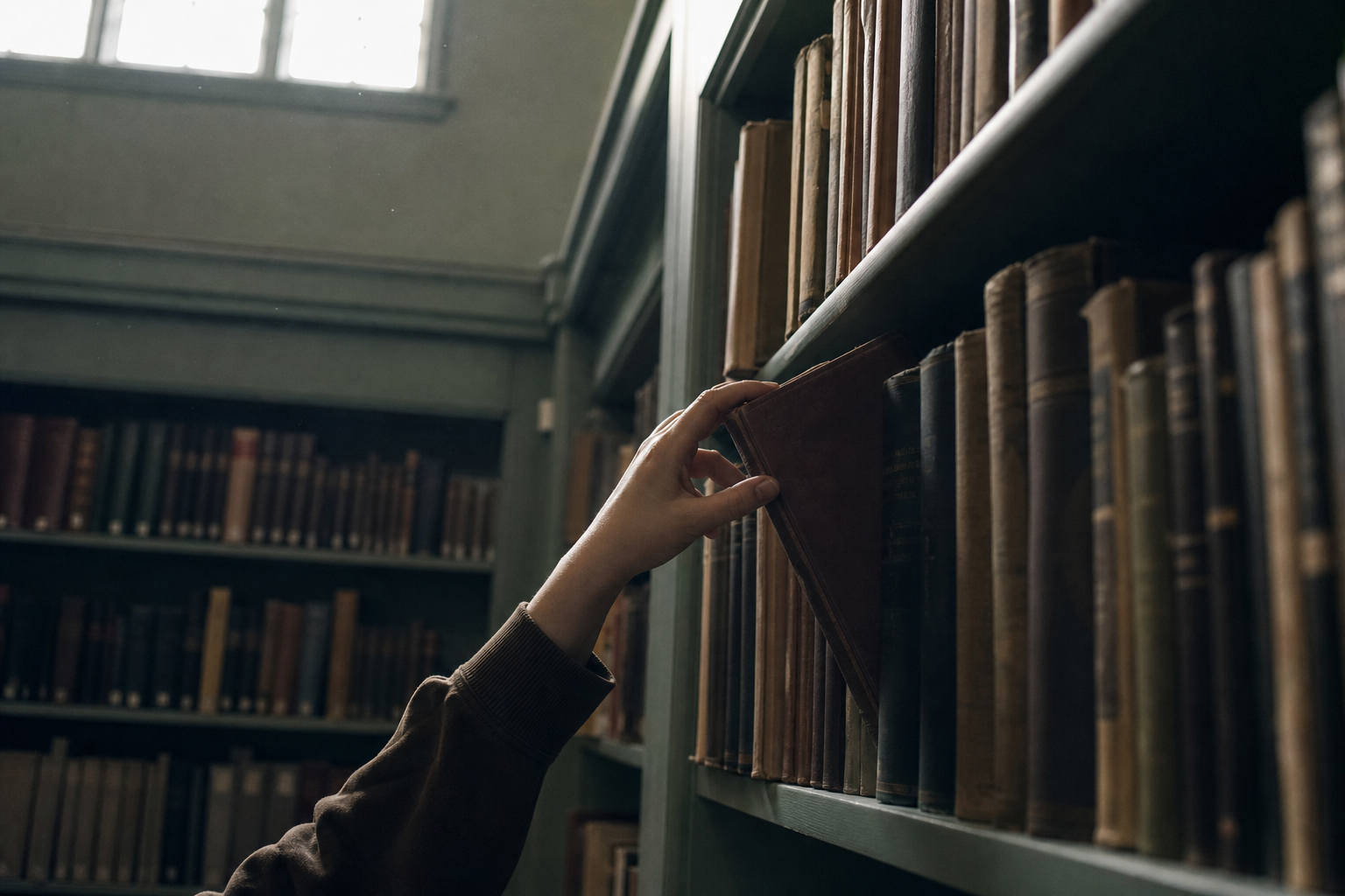 Hand reaching for a random book