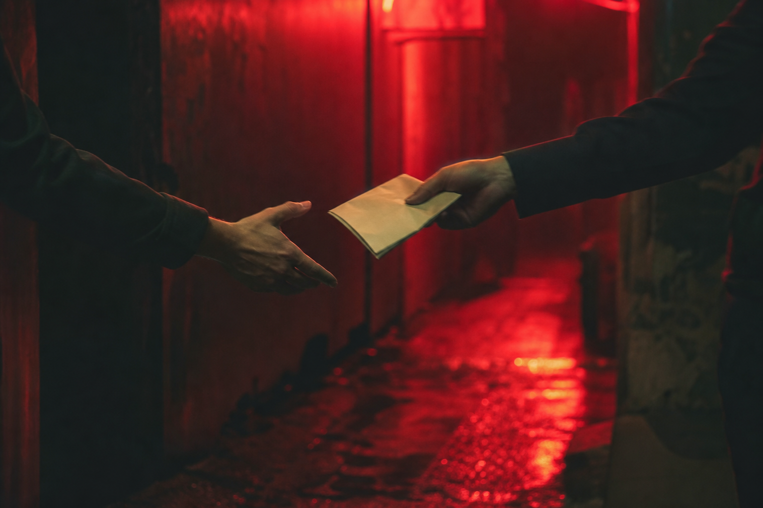 Passing a handwritten note under red neon light